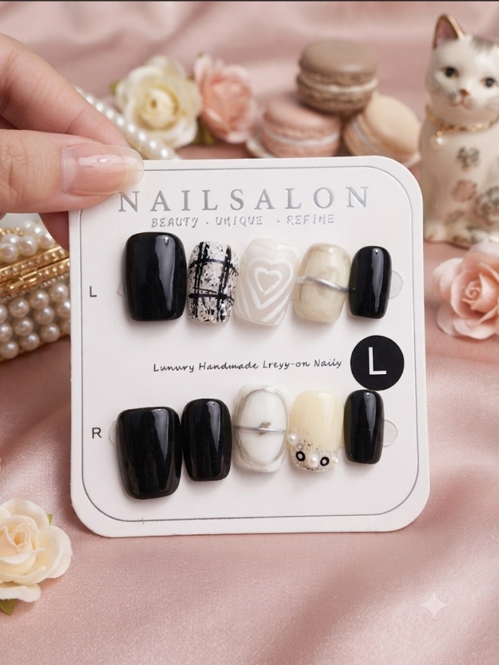Black & Ivory Press-On Nail Set – Elegant Heart & Marble Accents